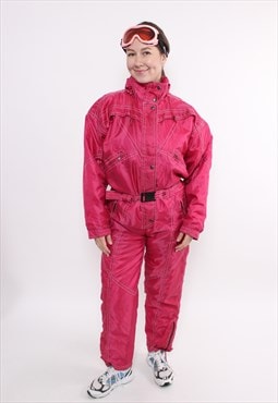 90s one piece ski suit in pink, vintage snowsuit with hood