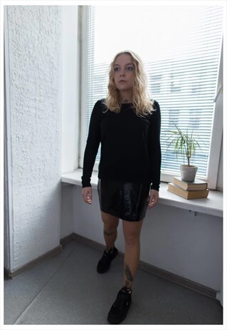 VINTAGE 90'S BLACK MINI LATEX BOTTOM LONG SLEEVED DRESS