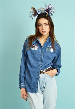 90'S CHRISTMAS SNOWMAN EMBROIDERY OVERSIZED DENIM SHIRT
