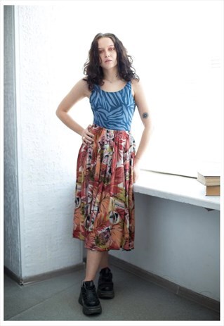 VINTAGE 80'S MULTICOLOUR PATTERNED MIDI VISCOSE SKIRT