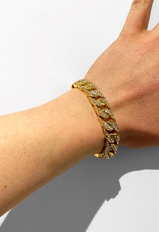 14MM DIAMOND ICED OUT CUBAN CURB BRACELET - GOLD