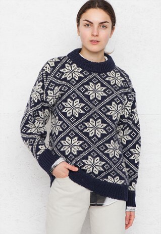 VINTAGE BLUE WHITE MAC DUFF ROUND NECK KNIT JUMPER SWEATER