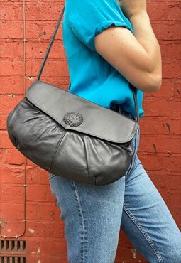 80s Dark Blue Leather Clutch / Shoulder Bag
