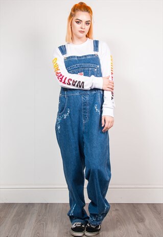 VINTAGE 90'S BLUE DENIM EMBROIDERED DUNGAREES