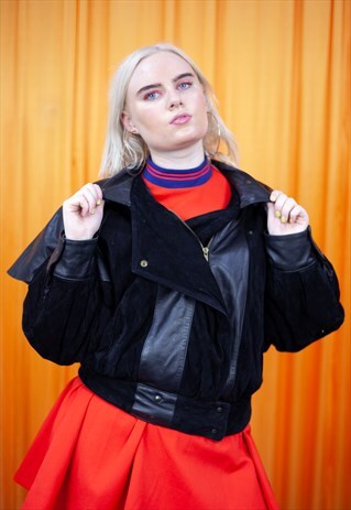 VINTAGE 90S LEATHER JACKET BLACK SUEDE CROPPED BOLERO BIKER