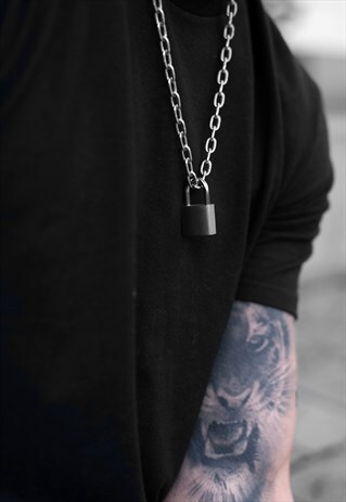 20MM 18" PADLOCK OVAL STEEL CURB NECKLACE CHAIN - SILVER