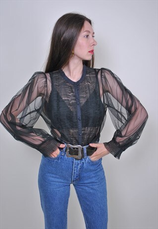 SEXY BLACK LACE BLOUSE, 90S TRANSPARENT EVENING PARTY SHIRT