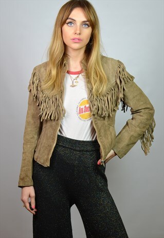 VINTAGE 70S LIGHT TAN BROWN SUEDE FRINGE JACKET