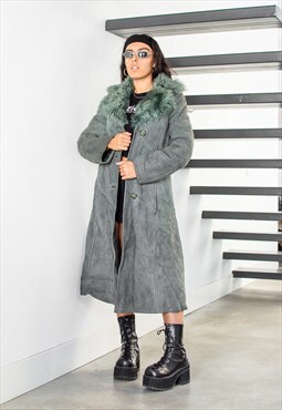 90s Vintage Fluffy Faux Fur Real Leather Penny Lane Coat 