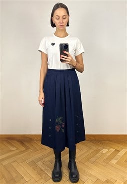 Navy Blue Wool Austrian Skirt, A-line Embroidered Midi Skirt