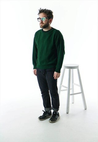 FOREST GREEN KNITTED SWEATER / GEOMETRIC PATTERN LONG SLEEVE