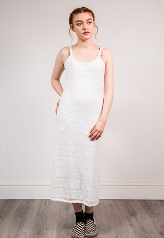 90'S VINTAGE CREAM FESTIVAL BOHO CROCHET MIDI DRESS