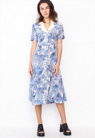 VINTAGE BLUE BEIGE FLORAL SHORT SLEEVE SILK MIDI DRESS