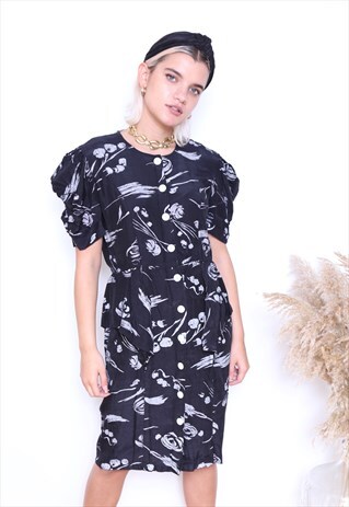 VINTAGE 80S NAVY FLORAL PEPLUM MIDI DRESS