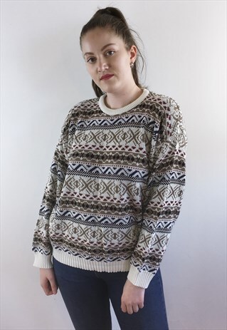 WOMENS VINTAGE 80S JUMPER FAIRISLE PATTERNED SWEATER TOP