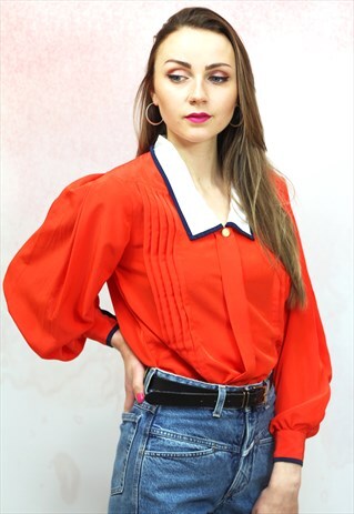 1980S VINTAGE RED SILKY BLOUSE WITH A CONTRAST WHITE COLLAR