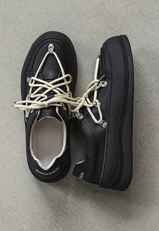 Flat sole shoes lace up speed hooks boots in black