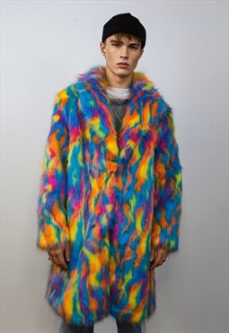 Faux fur long psychedelic coat 70s trench neon raver bomber 