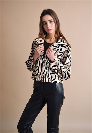 VINTAGE 90'S RETRO ASSYMETRIC ANIMAL PATTERN FURRY JACKET