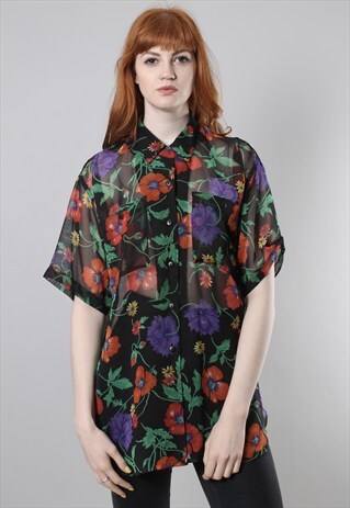 VINTAGE 80S SHEER FLORAL PATTERNED LONG SHIRT