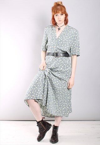 VINTAGE 80S FLORAL PRINT PATTERNED BUTTON MAXI DRESS