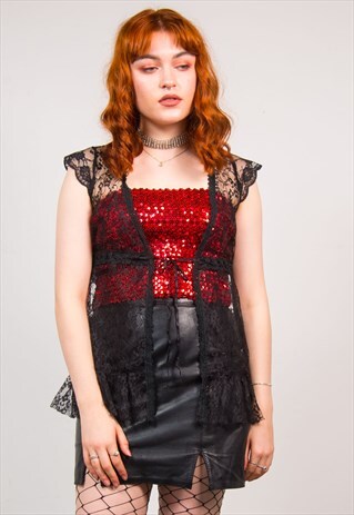 VINTAGE 90'S BLACK LACE FLORAL MESH SLEEVELESS FLOATY TOP