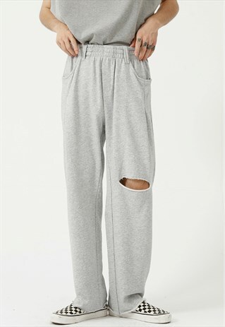 KALODIS LOOSE SOLID COLOR SIMPLE WIDE-LEG RIPPED TROUSERS