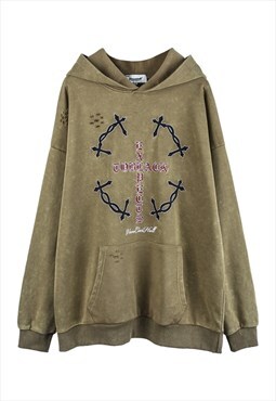Khaki Washed Distressed Graphic Oversized Hoodies Y2k