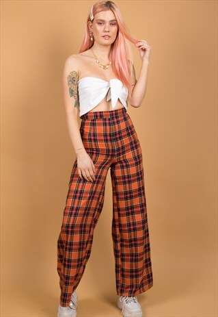 TARTAN TROUSER IN ORANGE WIDE LEG & HIGH WAIST FIT