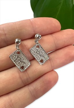 Vintage Dior earrings silver tone playing card diamante drop