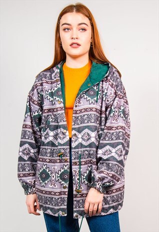 VINTAGE 90'S GREY AZTEC PRINT OVERSIZED COACH JACKET COAT