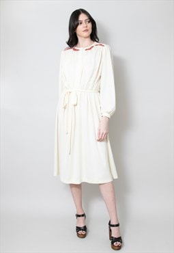 70's Jean Claire Vintage Cream Long Sleeve Belted Dress