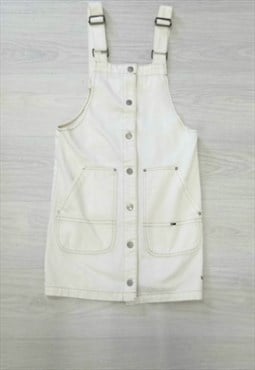 00s Tommy Jeans White Denim Dungaree Pinafore Dress