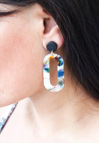 BLUE GEOMETRIC OVAL ACRYLIC DROP DANGLE EARRINGS