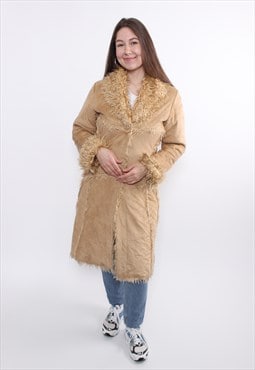 Vintage 90s penny lane coat, beige overcoat with faux fur 