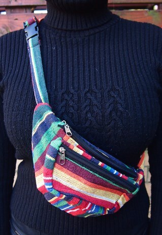 BLACK MULTI WOVEN BUM BAG