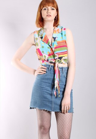 VINTAGE 80S CRAZY PATTERNED SLEEVELESS TIE UP CROP TOP