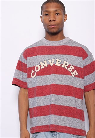 VINTAGE CONVERSE SPELL OUT LOGO T-SHIRT GREY RED STRIPED