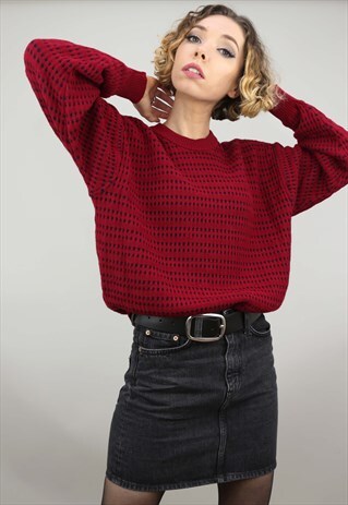 VINTAGE 80S 90S OVERSIZED PATTERNED KNIT JUMPER RED