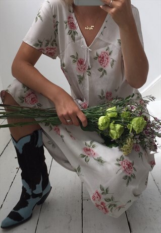 VINTAGE 90S BEIGE FLORAL LINEN LONG SUMMER DRESS