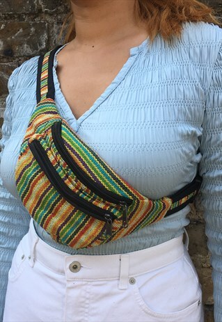 GREEN MULTI STRIPES WOVEN BUM BAG FANNY PACK