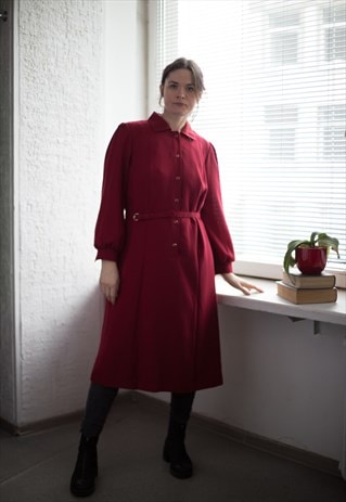 VINTAGE 60'S MIDI BURGUNDY RED BELTED WOOL DRESS