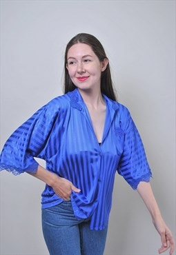 90s striped print shiny blouse, vintage v-neck button front 