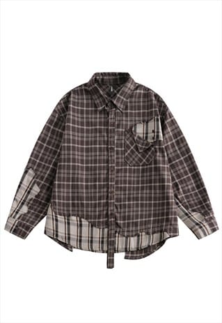 Stitched shirt reworked checked blouse plaid top brown grey