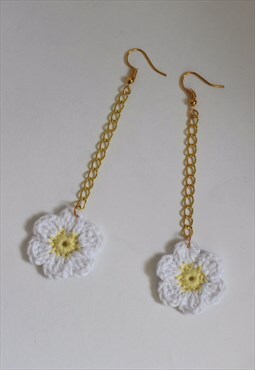 Tiny White & Yellow Crochet Daisy Drop Earrings
