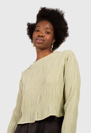 MINT TIERED WRINKLE LONG SLEEVED BLOUSE
