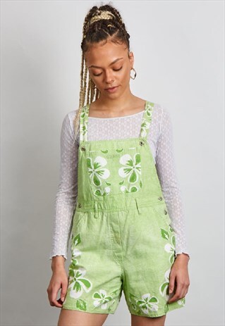 VINTAGE 90'S COLMAR NEON GREEN HAWIIAN PRINT DUNGAREE SHORTS