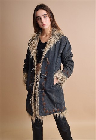 90'S FAUX FUR DETAILED MOM'S SHEARLING DENIM JACKET COAT