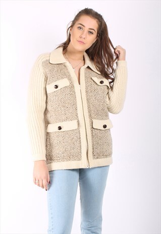 VINTAGE 80S CHUNKY WOOL ZIP CARDIGAN JACKET HERRINGBONE