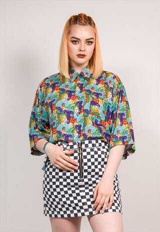VINTAGE 90'S GREEK BRIGHT CRAZY PATTERN SHORT SLEEVE SHIRT